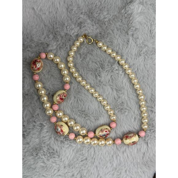 Vintage Japan Porcelain Floral Bead Faux Pearl Necklace 27" Hand Painted - Picture 1 of 7